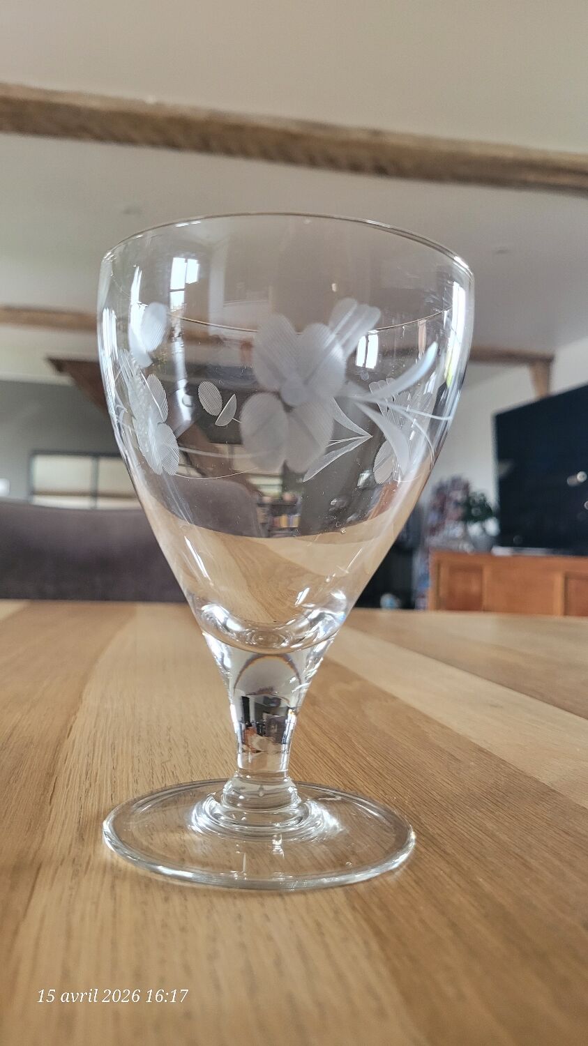 6 vintage engraved glass stemware glasses