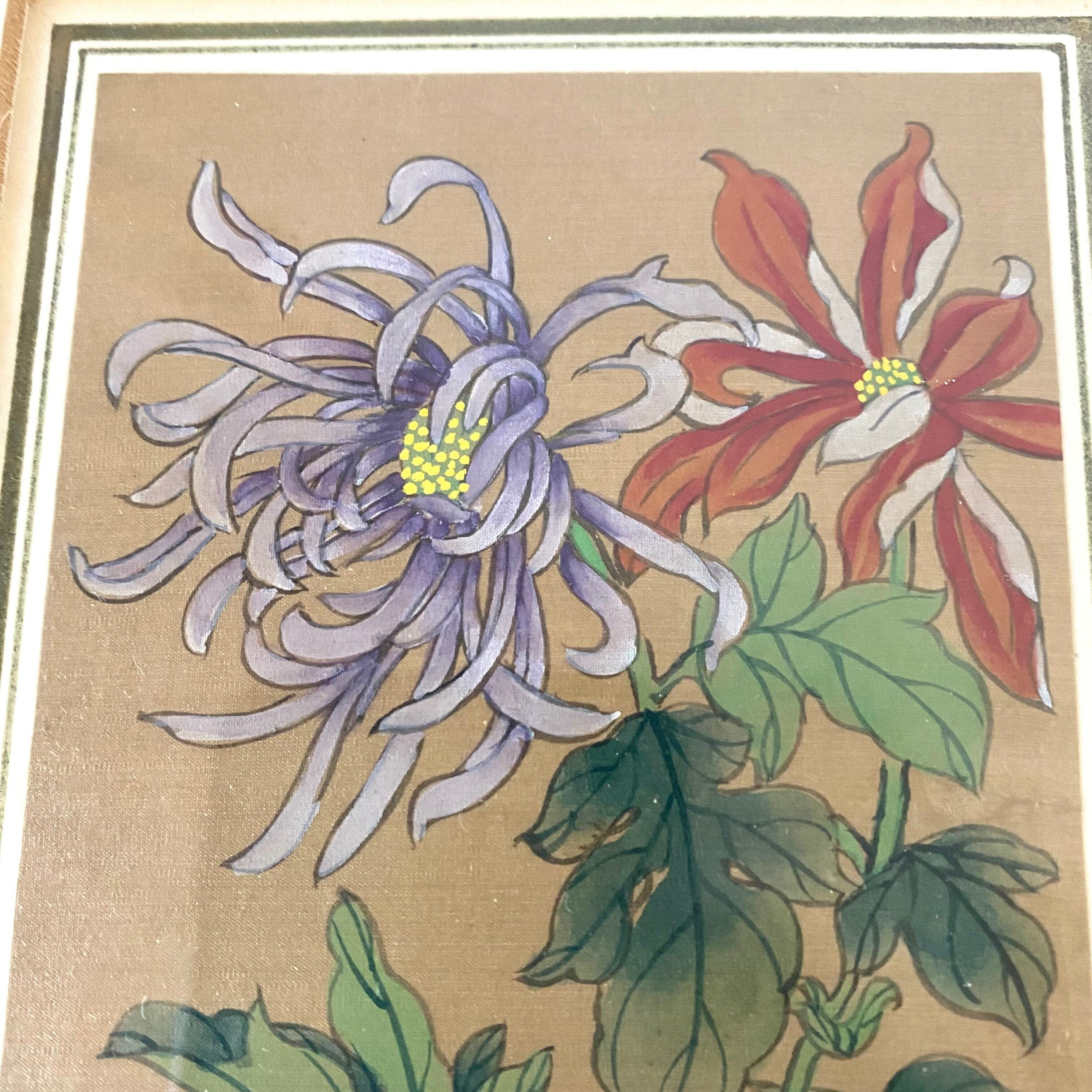 Painting on silk flowers gilded frame