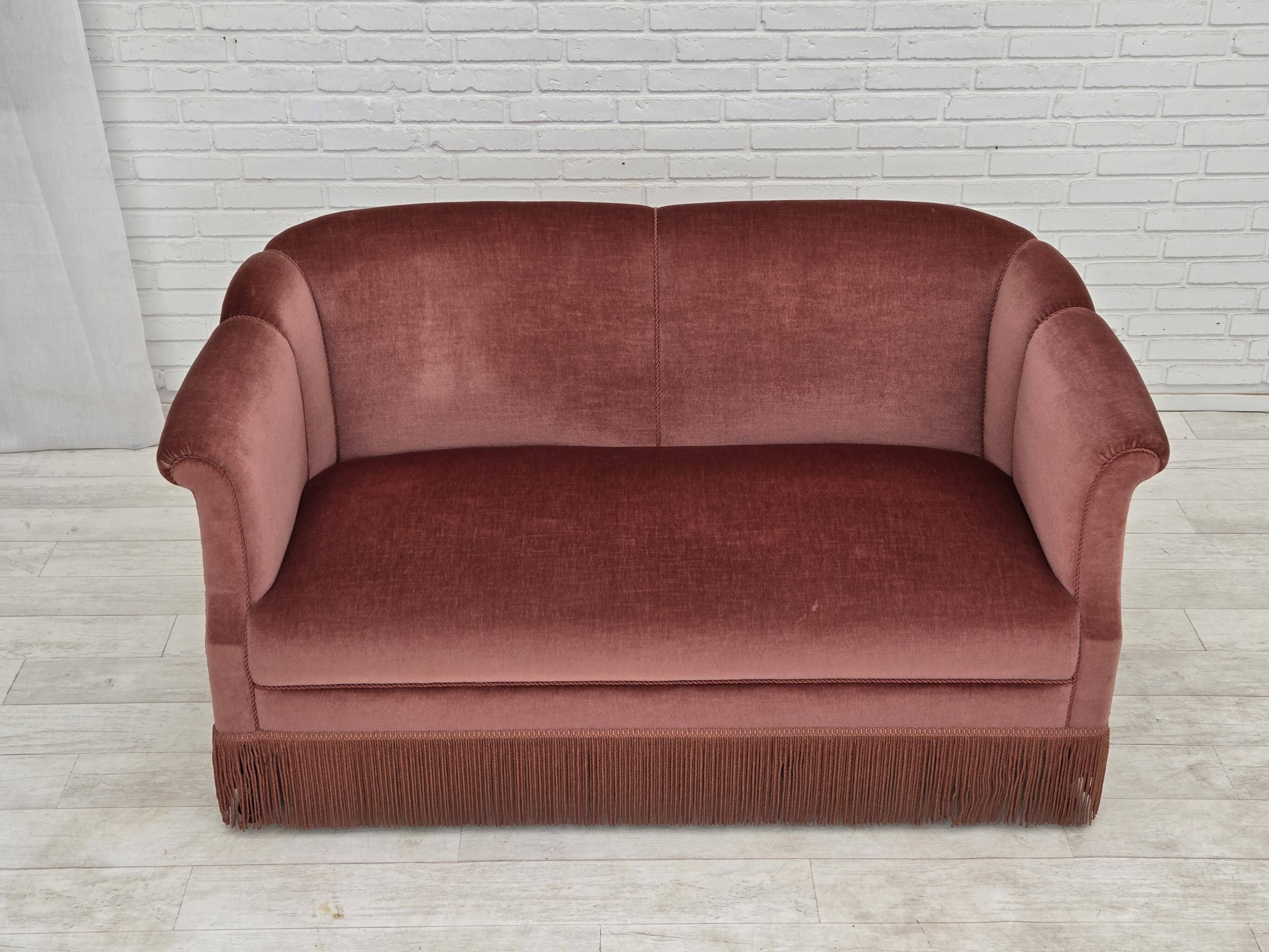 1960s, Danish 2-seater sofa, original pink furniture velour.