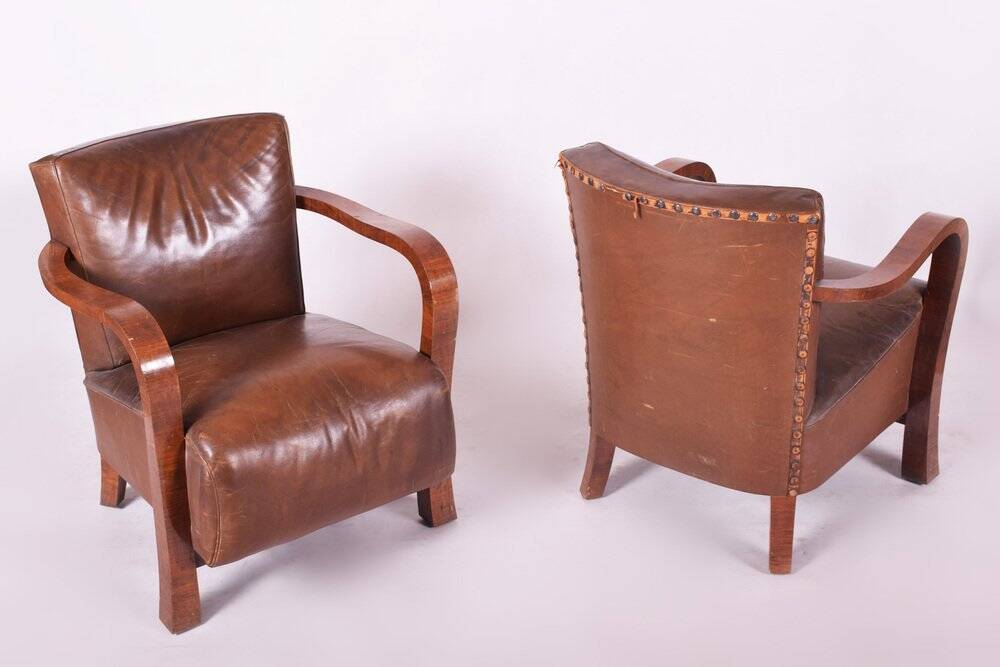 Vintage Art Deco Lounge Set in Walnut and Leather, 1930s, Set of 3