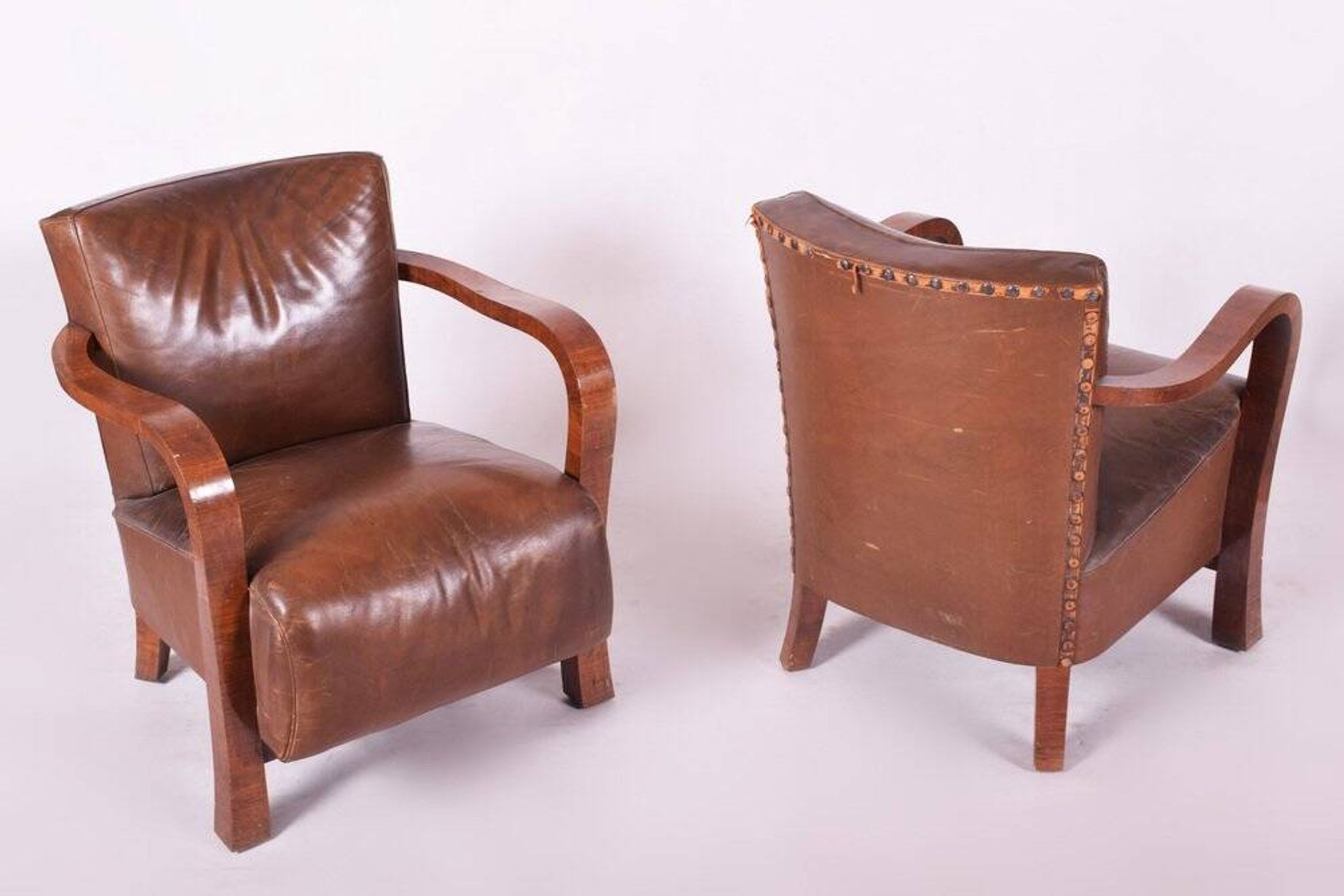 Canapé et 2 fauteuils Art Déco vintage en noyer et cuir, années 1930