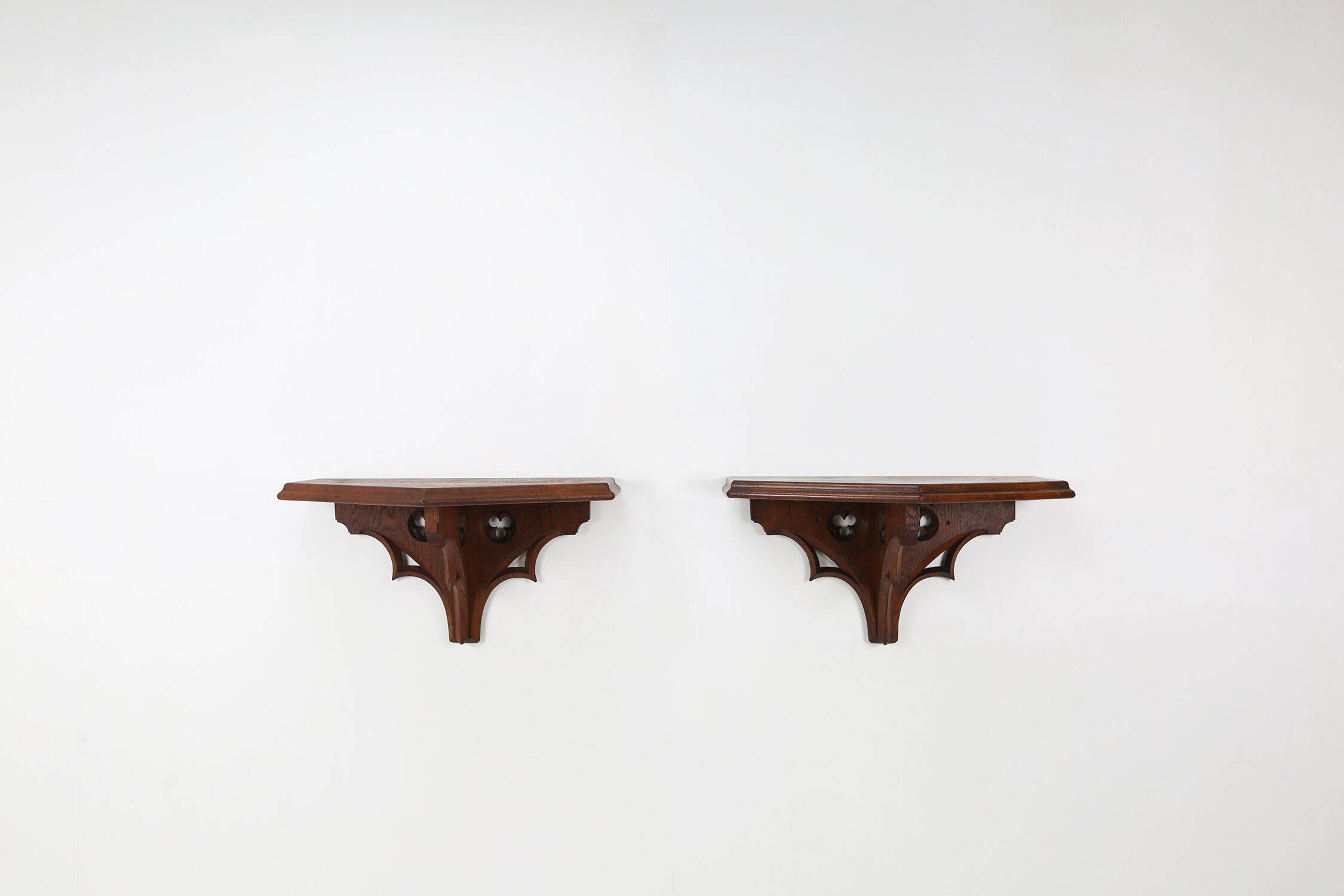 Pair of 2 Antique carved oak Church Wall Consoles, France ca. 1850