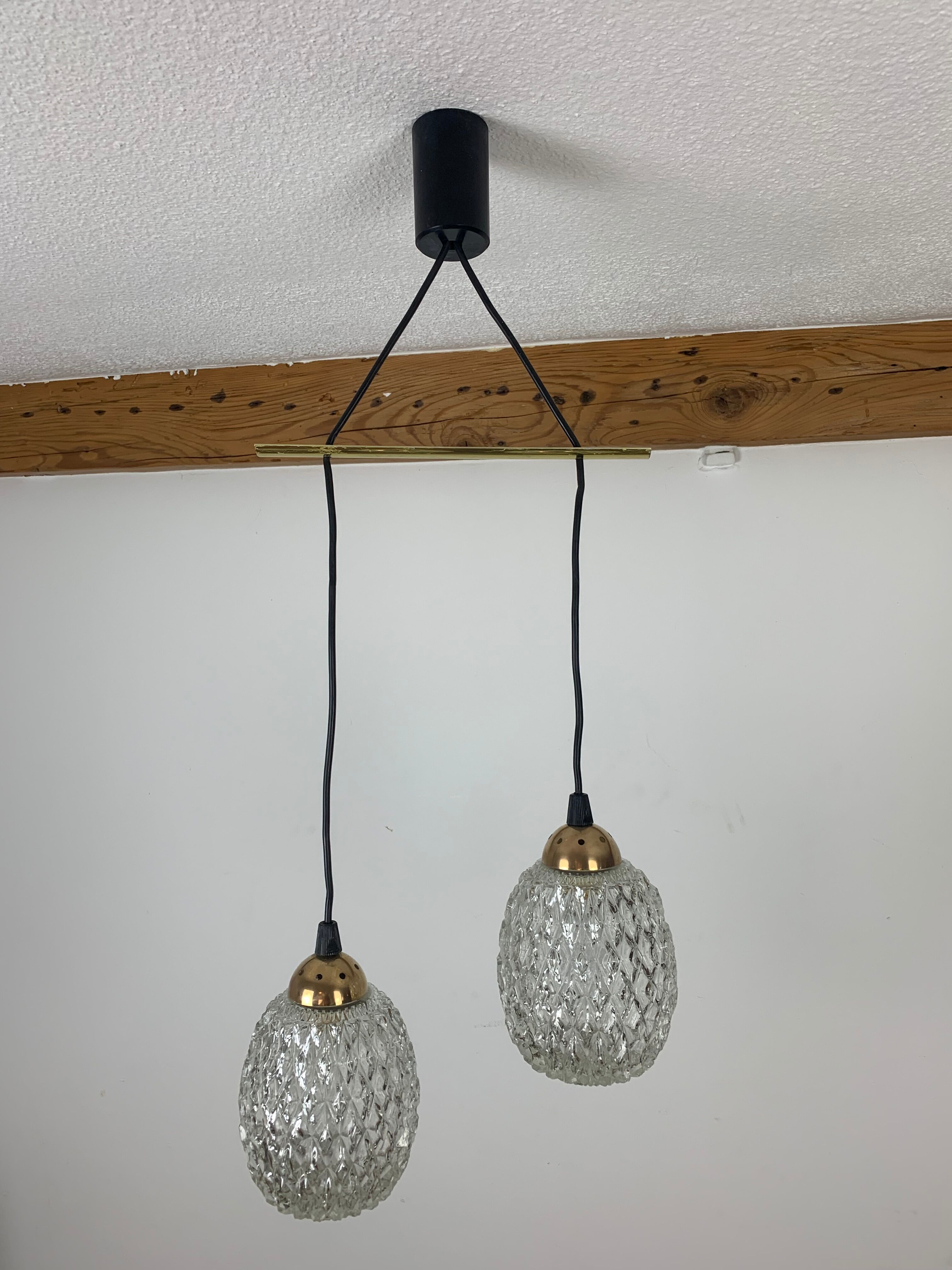 Suspension globes 2 lights, glass and brass, 50s