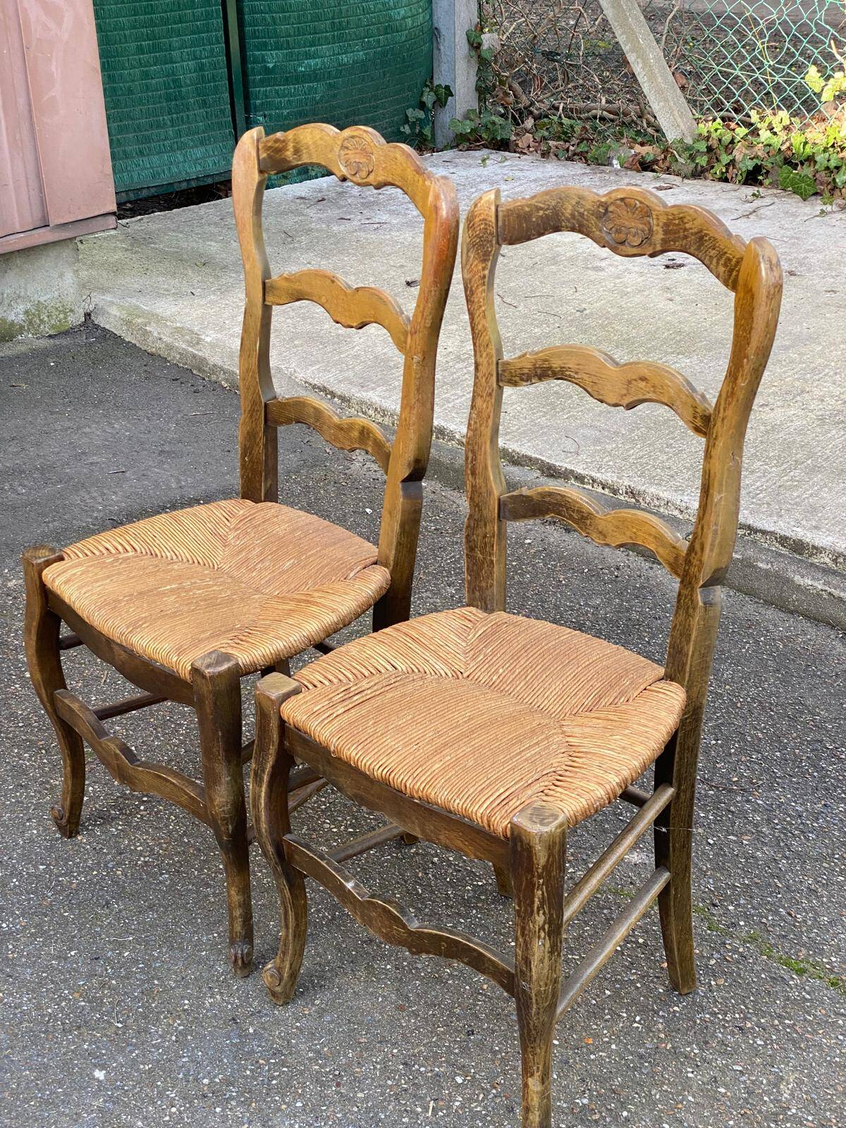 2 solid oak carved and rush-seated chairs in the Louis XV style from the 19th century.