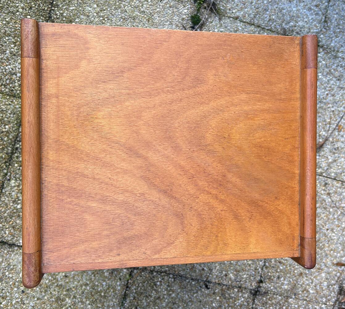 Wooden bedside table, warm tones, vintage, 1950s.