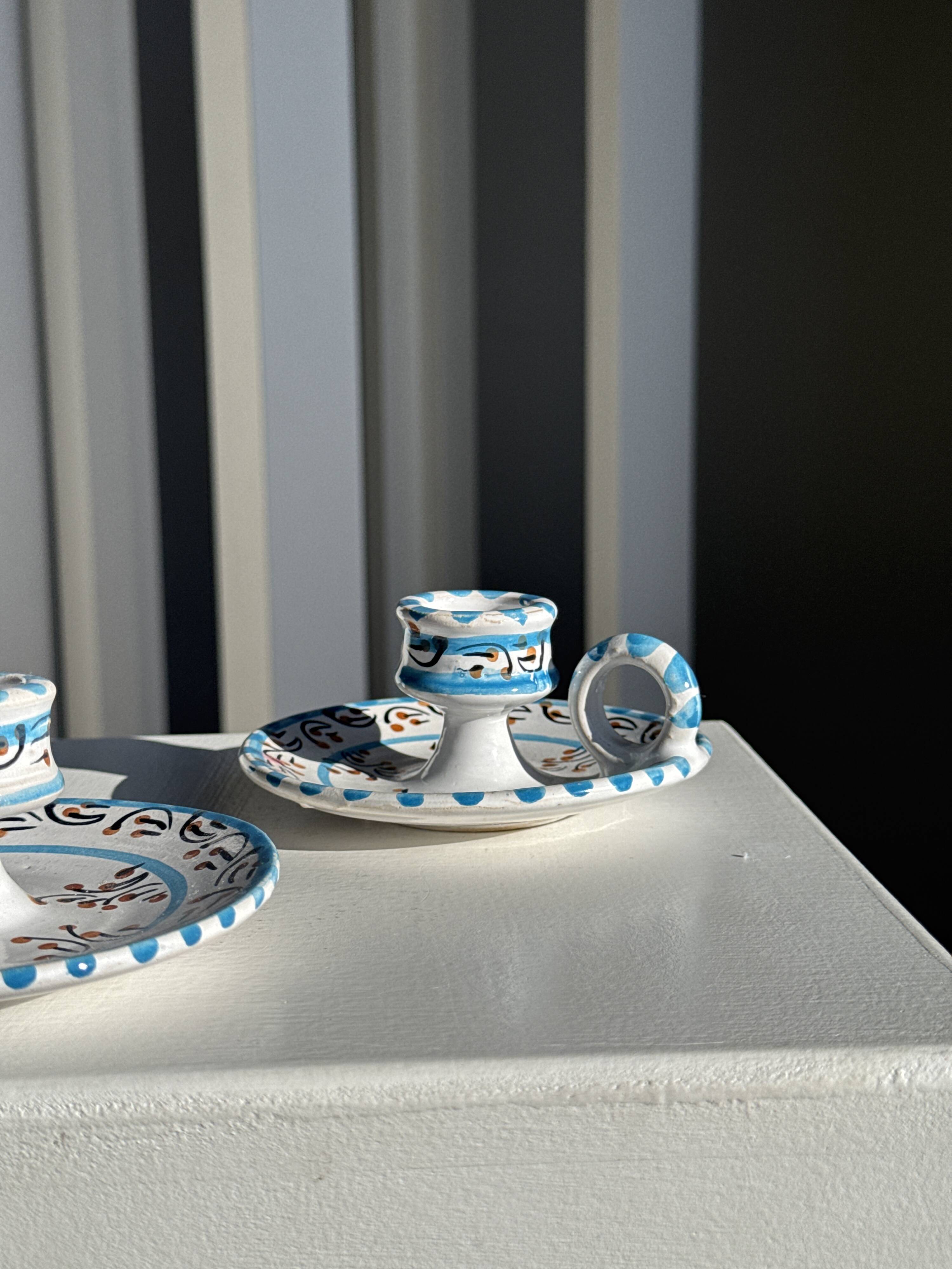 Light blue Moustiers candlestick H5 D12.5