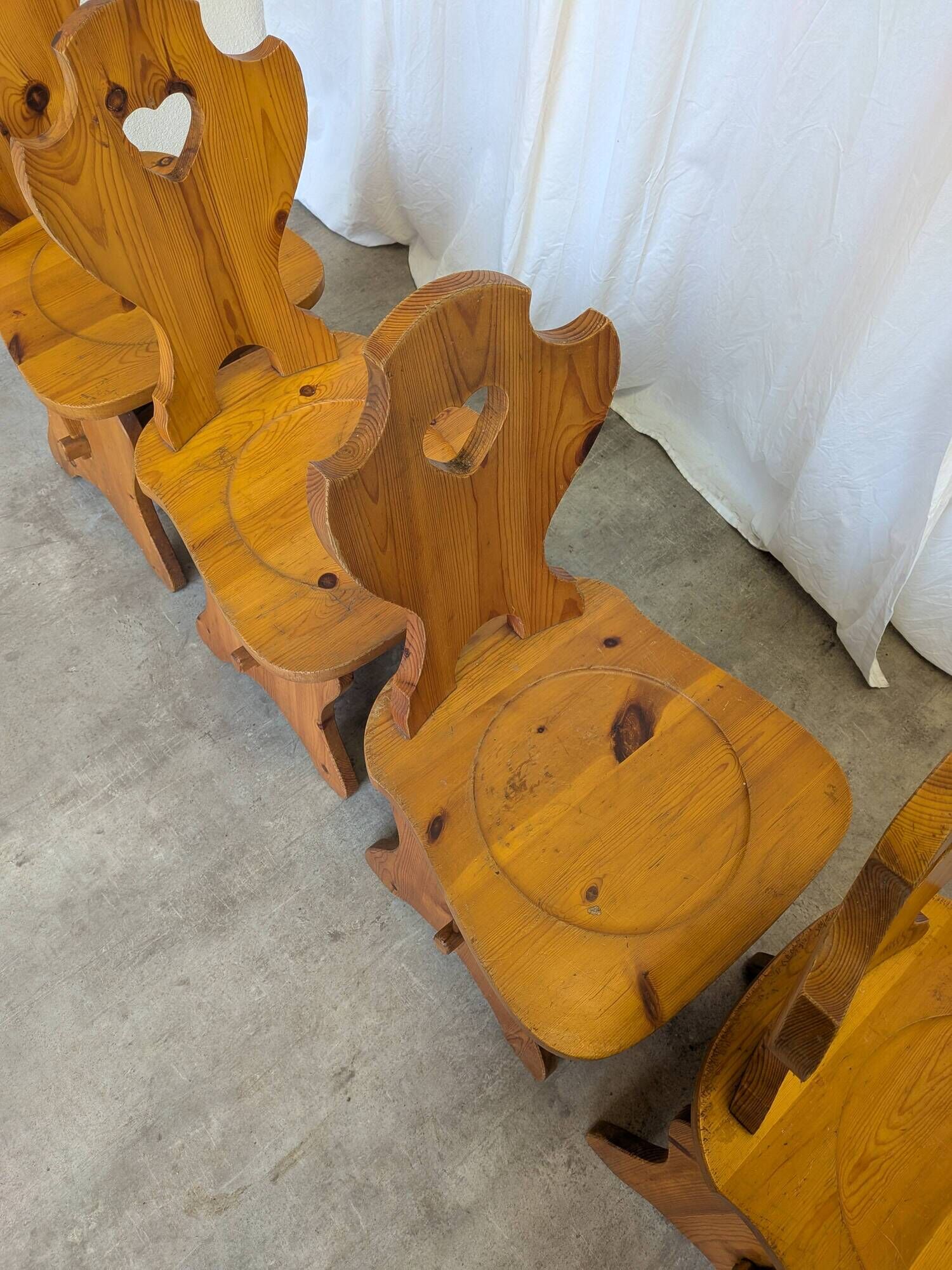 Vintage Alpine Wooden Chairs (Set of 4) Heart Cut-Out