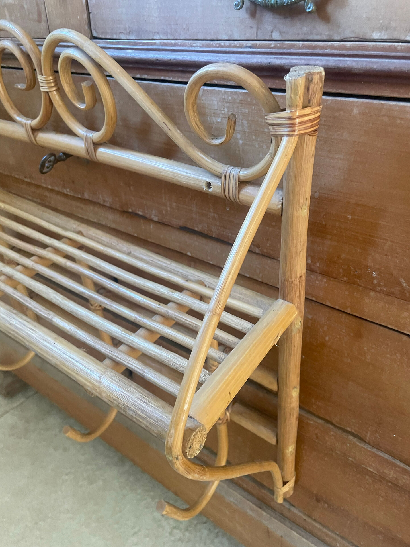 Vintage bamboo and rattan wall coat rack