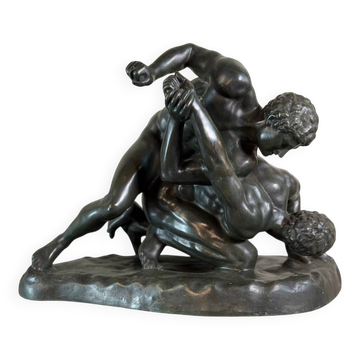 Large bronze after the antique preserved in the Uffizi in Florence, the wrestlers around 1880.