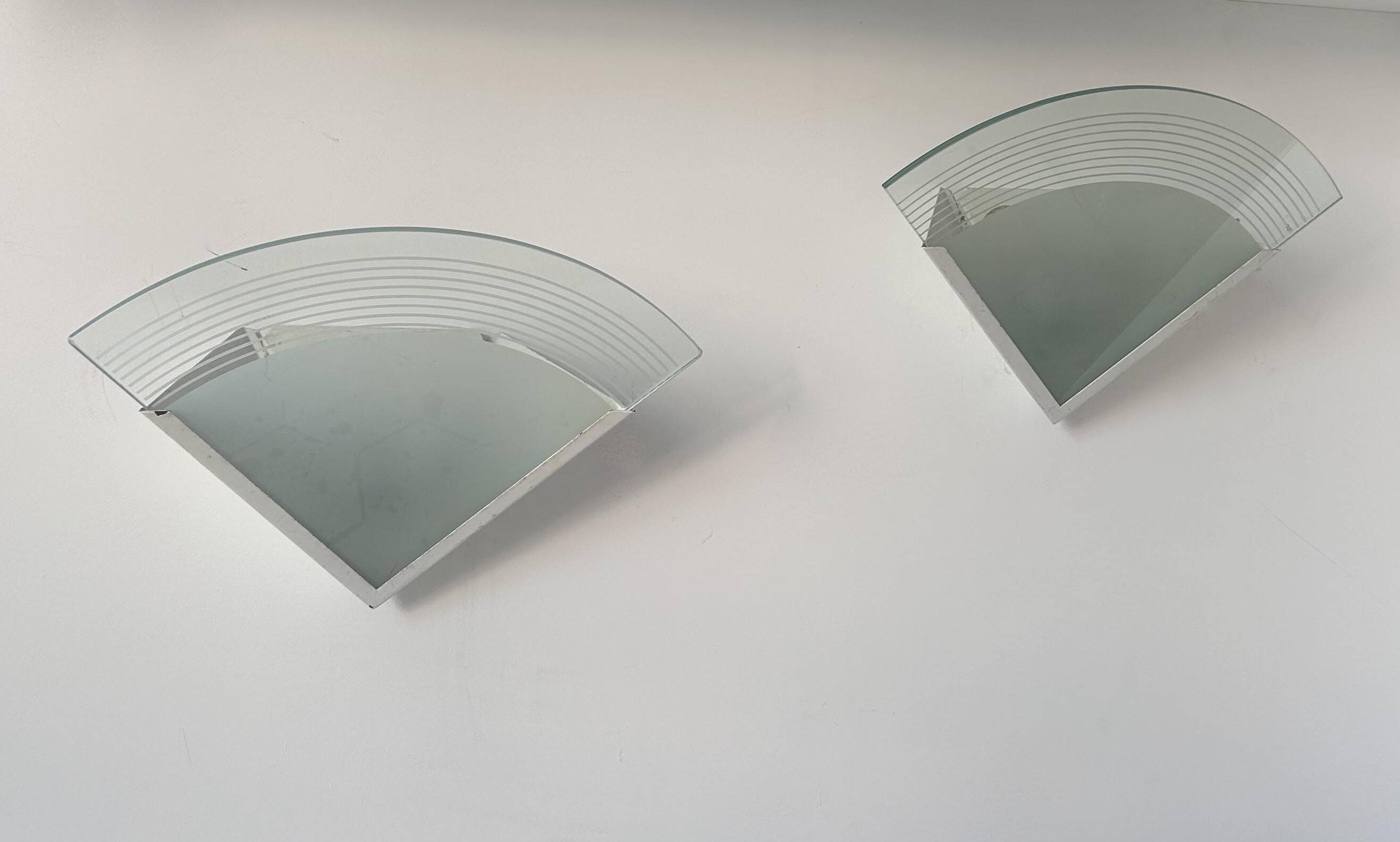 Pair of vintage wall lights, white lacquered metal and sandblasted glass, France 1970