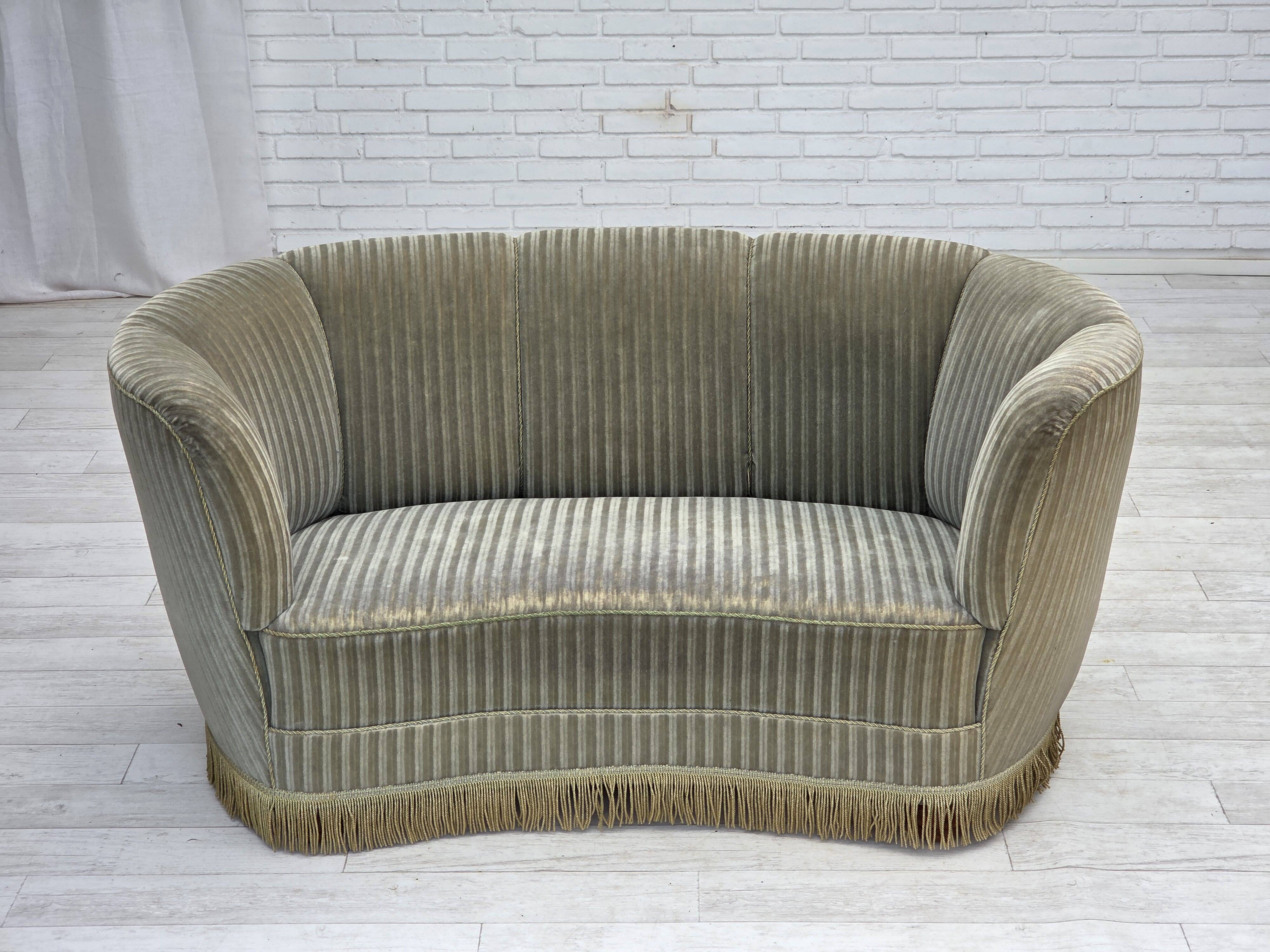 1970s, Danish 2-seater curved sofa, original furniture velour, beech wood.