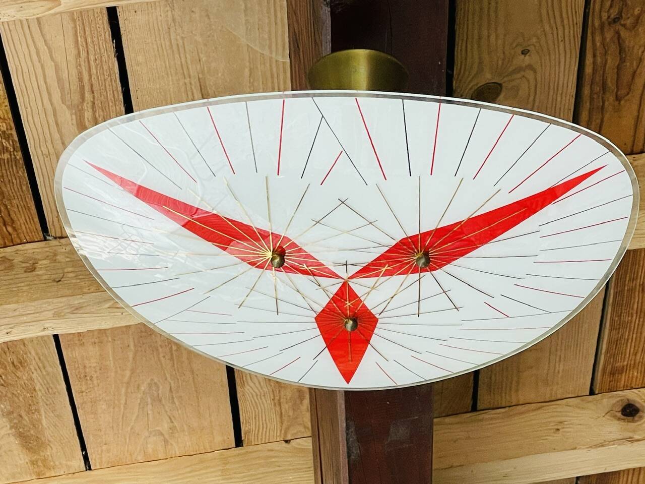 Vintage triangular ceiling light in glass and brass circa 1970s.