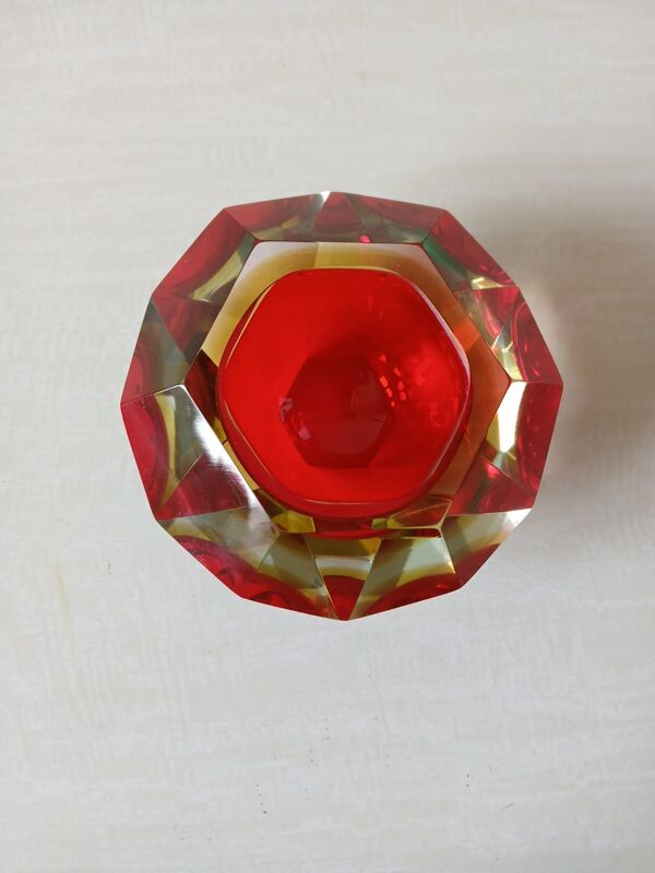 Cendrier Murano Sommerso verre facetté rouge jaune vintage années 60-7