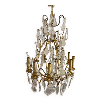 Lustre ancien à pampilles en bronze doré et cristal