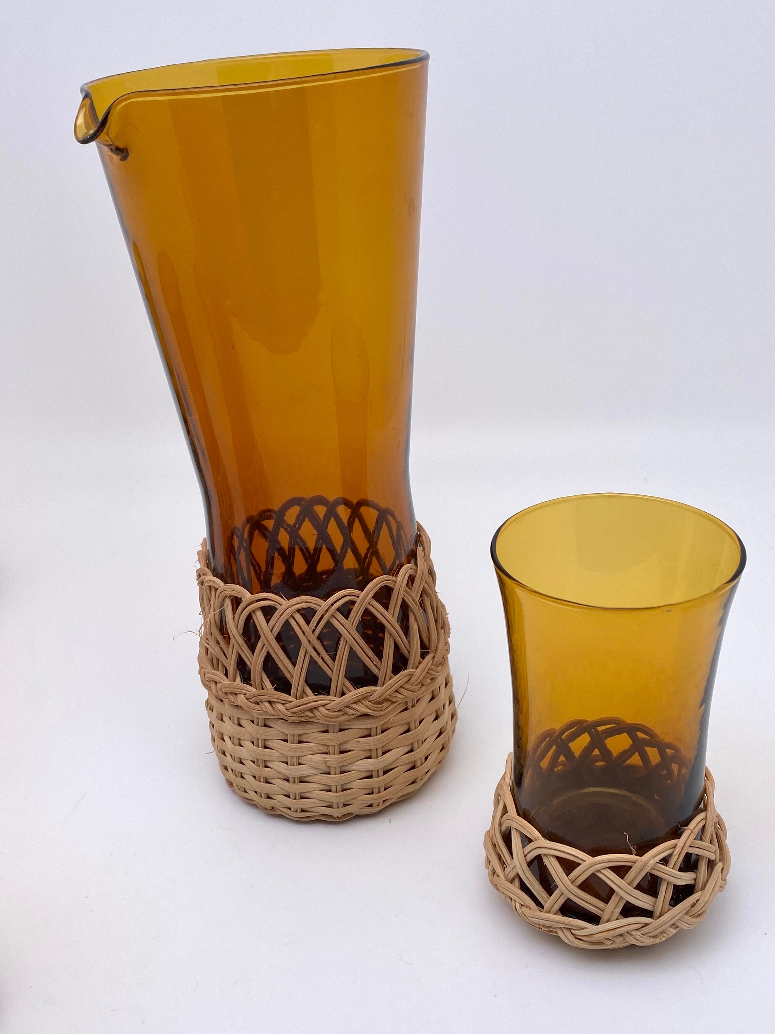 Amber glass and raffia 50's glass and pitcher set