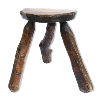 Brutalist folk art stool in solid wood