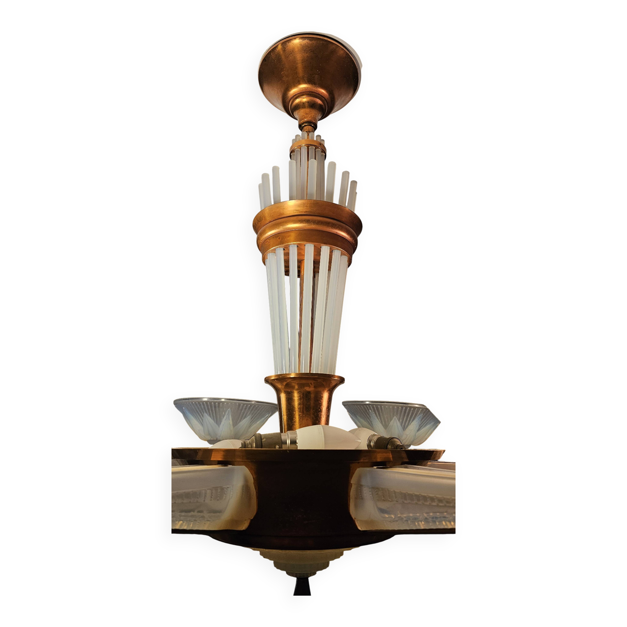 Art Deco chandelier by H.Petitot and Jean Gauthier in copper-plated metal and opal glass