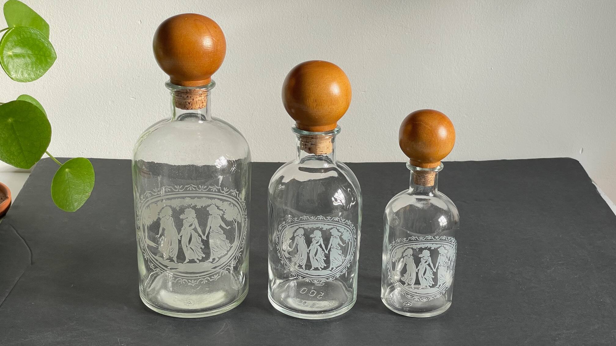 BOTTLES Engraved Glass and VINTAGE Wood