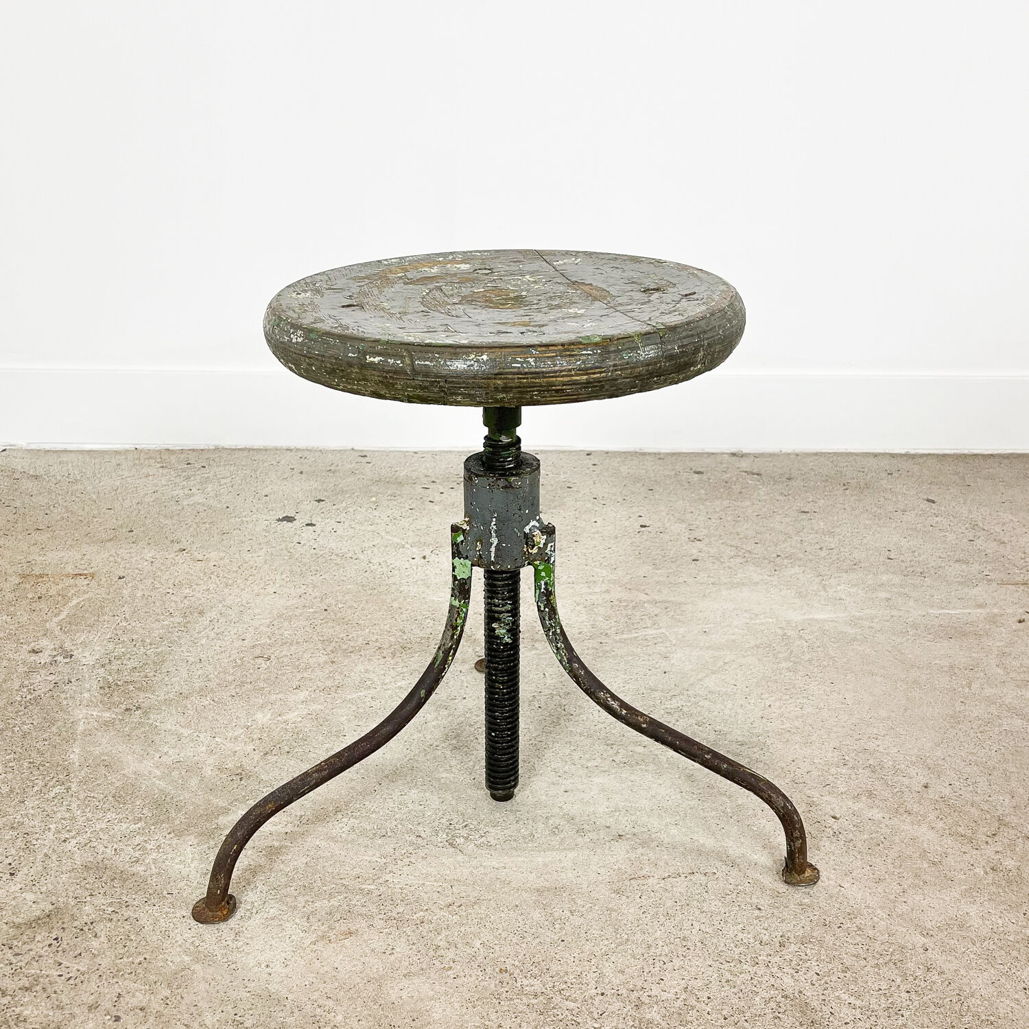 Industrial 3 legged factory swivel stool grey green