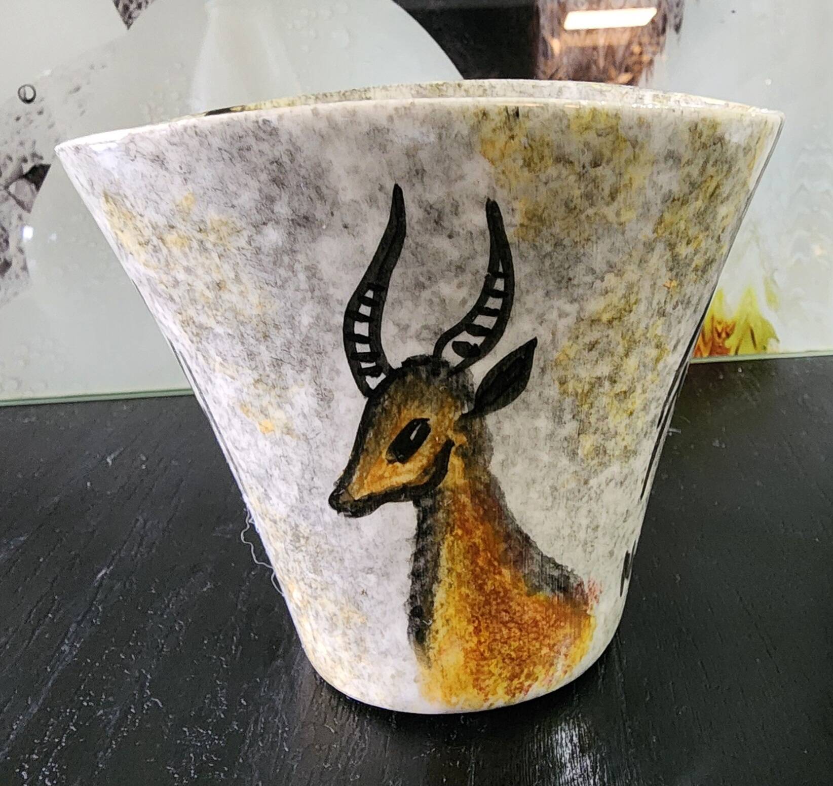 set of jug and ceramic cup handmade decorated with gazelle and deer