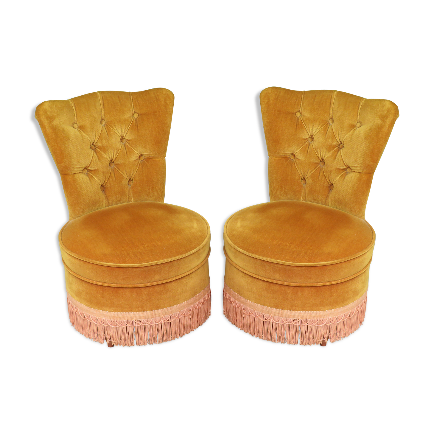 Pair of toad chairs in old gold velvet