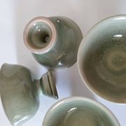 Ensemble 4  coupelles artisanales en céramique – émail céladon & style raku