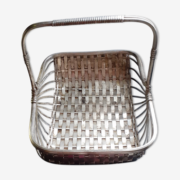silver metal basket, old wicker-style braid