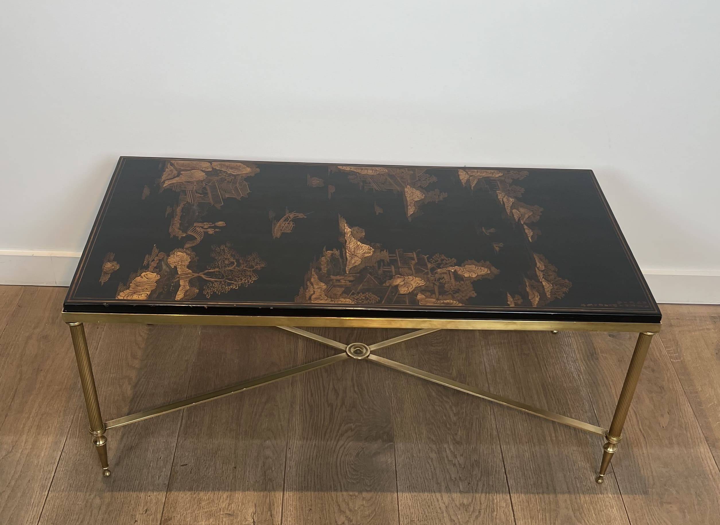 Neoclassical Brass Coffee Table with Lacquered Top Representing