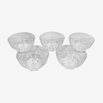 Series of 5 cups, glass 50s/60s glass floral decoration