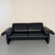 3-seater navy blue leather sofa, design by De Sede DS10, vintage 90s.