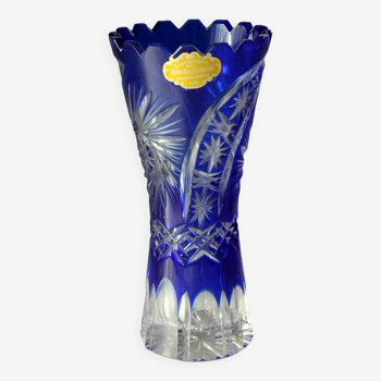 Cobalt blue vase made of bohemian lead crystal glass with engraving, marked, vintage from the 50s