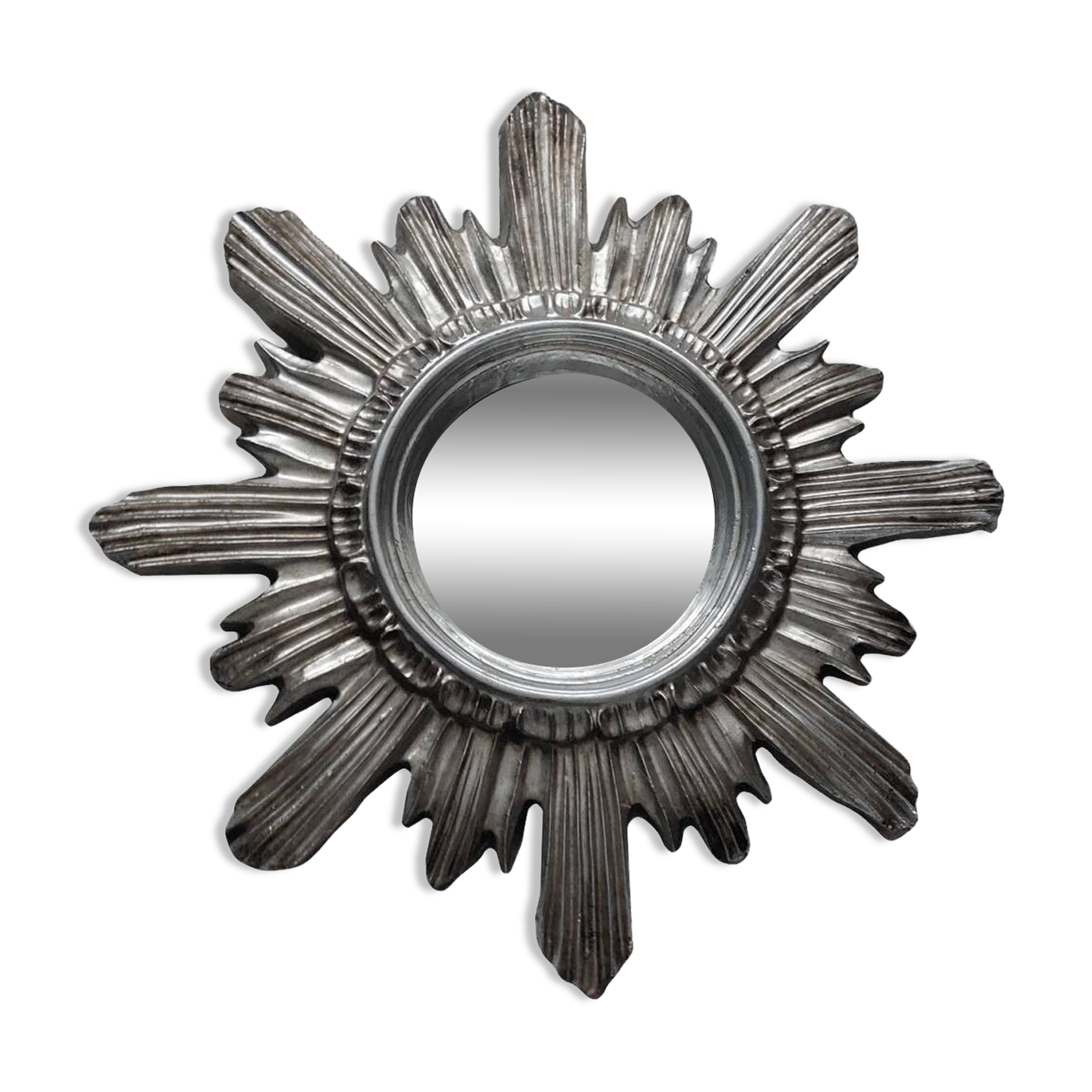 Wall Sun Mirror • Large Model • Carved Wood • Silver • 1960-70