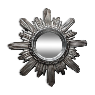 Wall Sun Mirror • Large Model • Carved Wood • Silver • 1960-70
