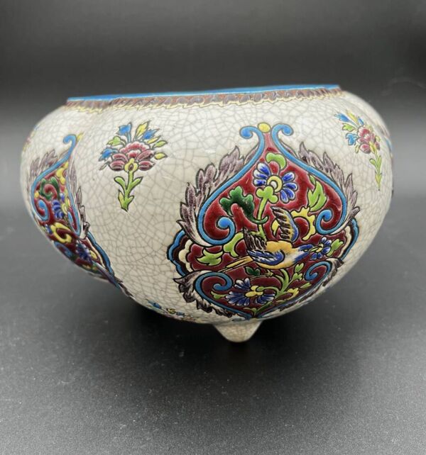 Cache-pot en faïence émaillée fin XIXe, style émaux de Longwy - 648003