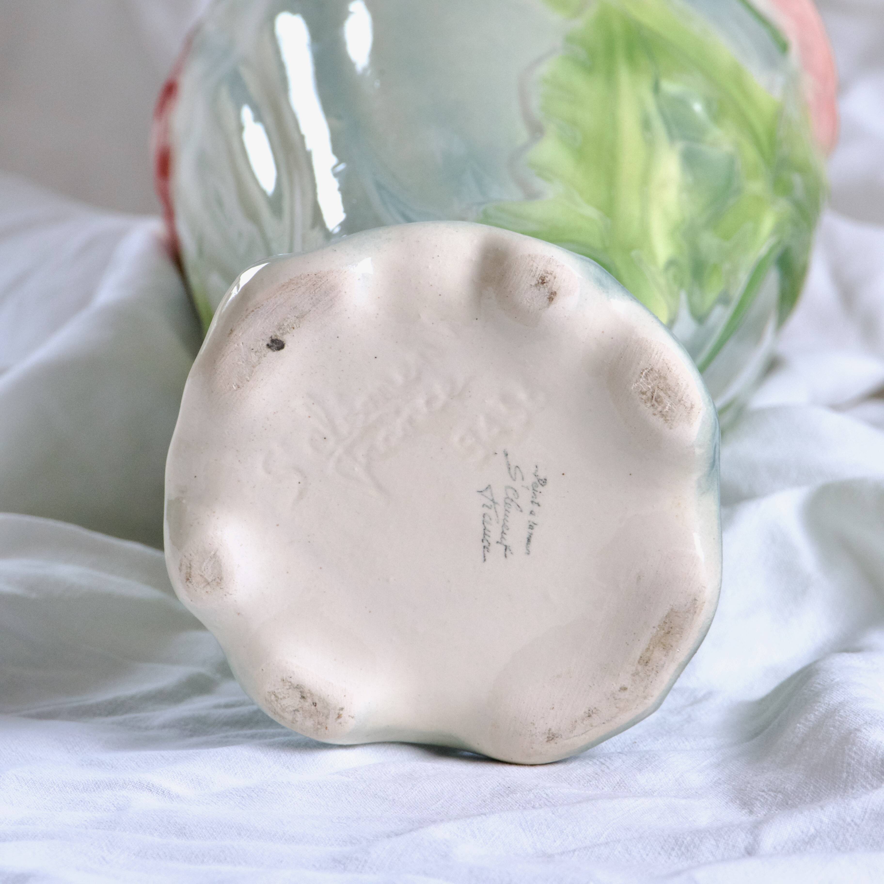 Large antique St Clément vase in barbotine Anemones hand painted