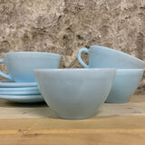 Set of 4 Duralex cups and 4 saucers – pastel blue opal glass (year