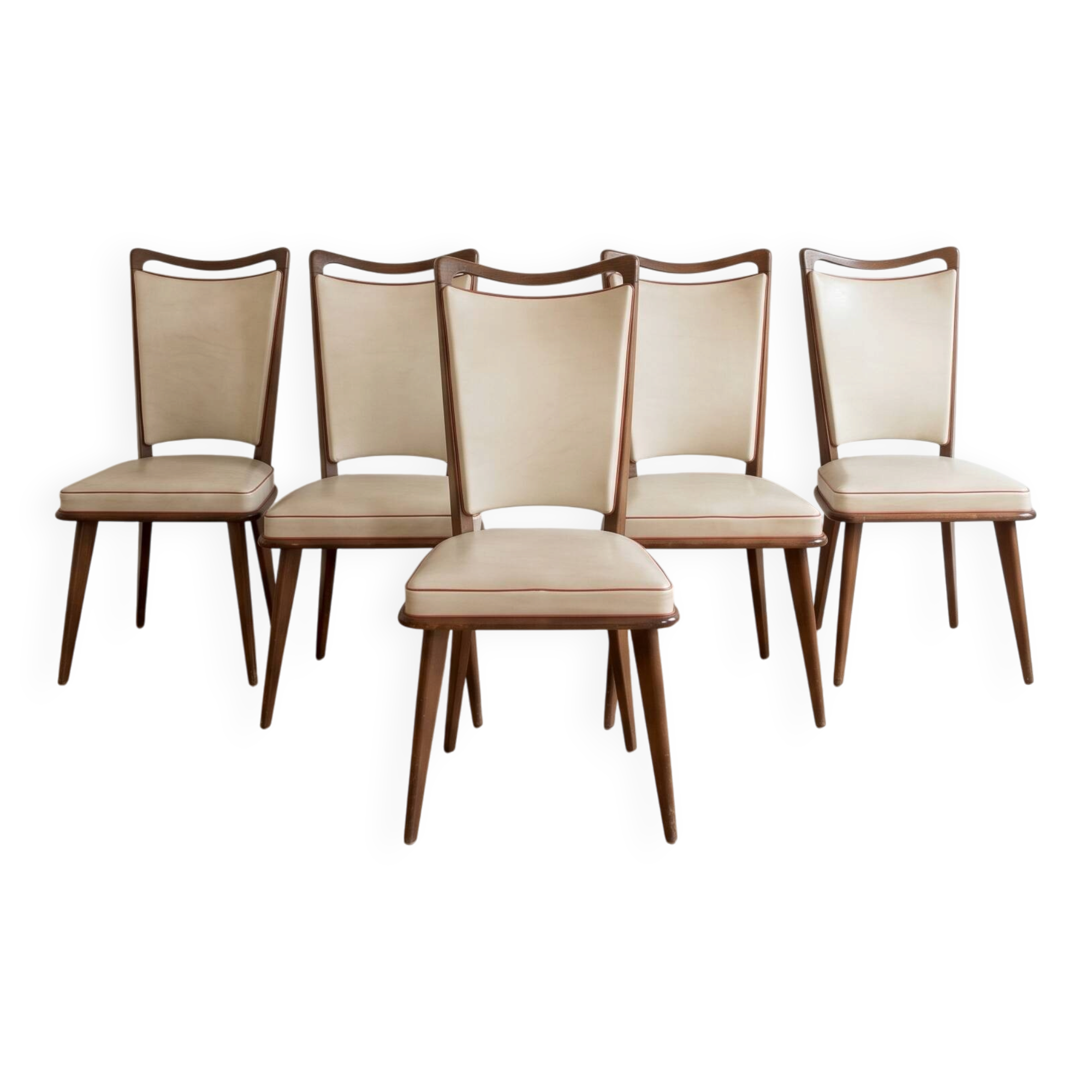 Set of 5 vintage 1950s dining chairs in wood and white.