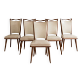 Set of 5 vintage 1950s dining chairs in wood and white.