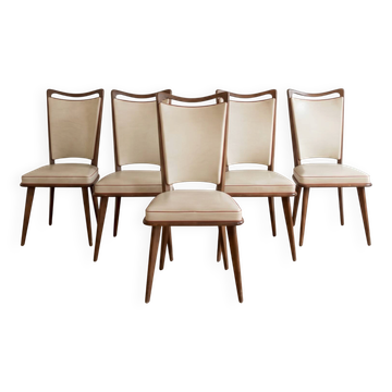 Lot de 5 chaises de salle à manger vintage années 50 bois et blanc