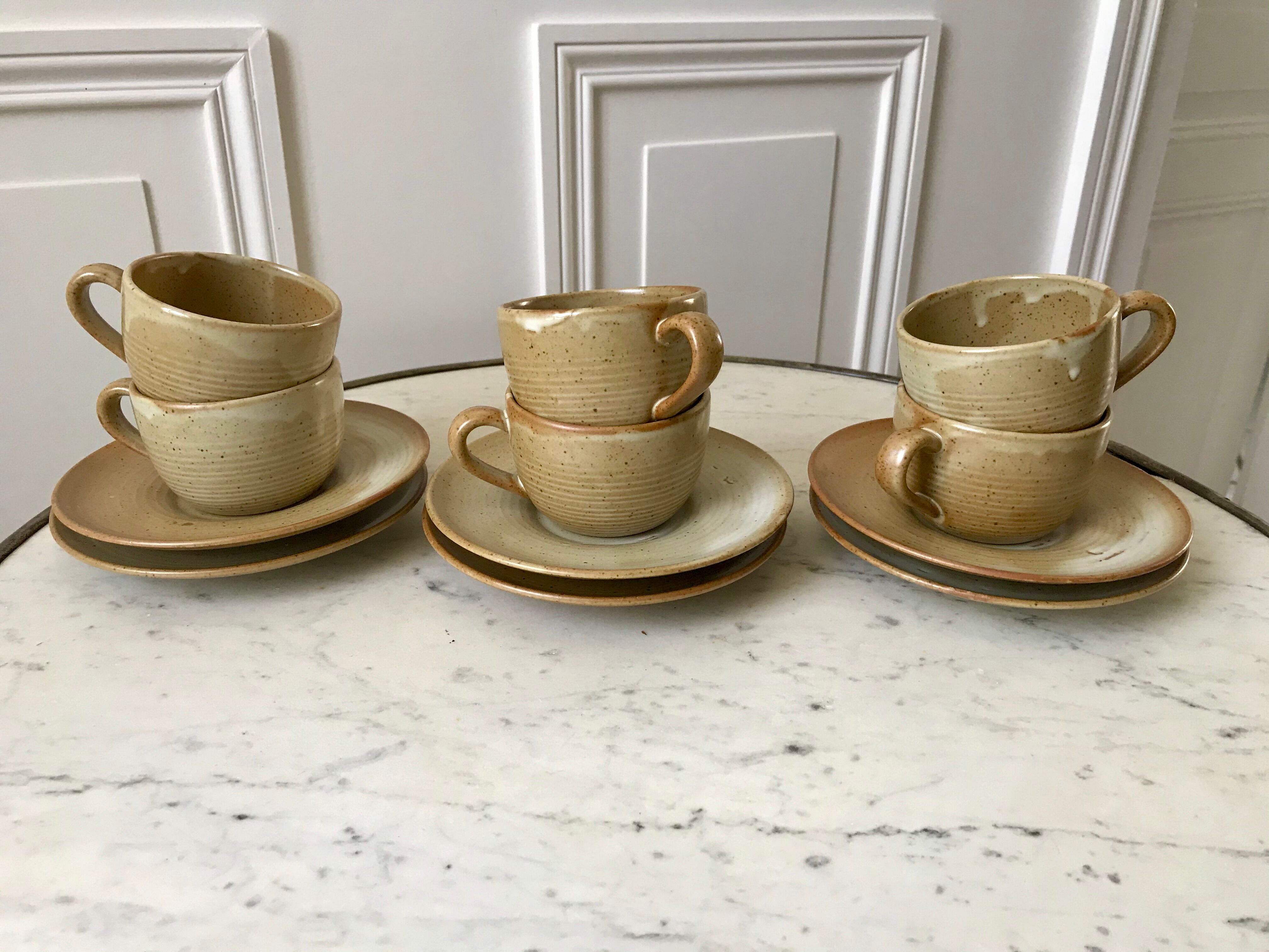 set of 6 stoneware cups and saucers Grès du Village 60s-70s