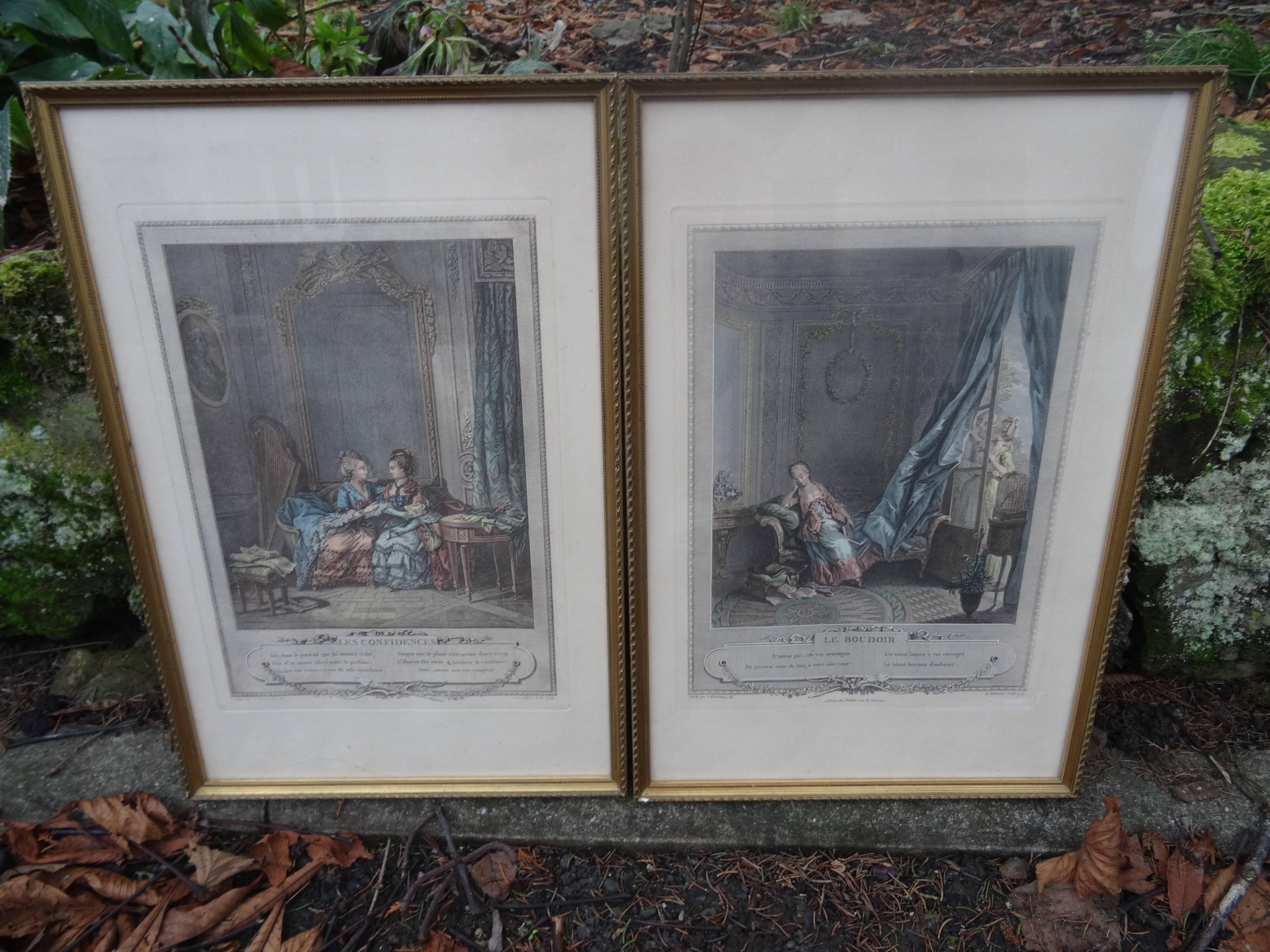 Duo of antique prints framed with canopies