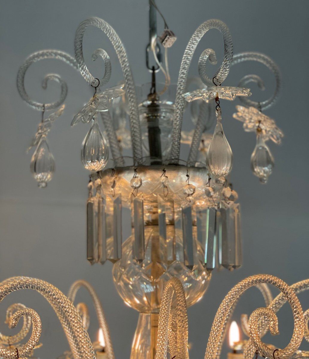 Transparent blown and pinched glass chandelier trimmed with crystals, austria circa 1920