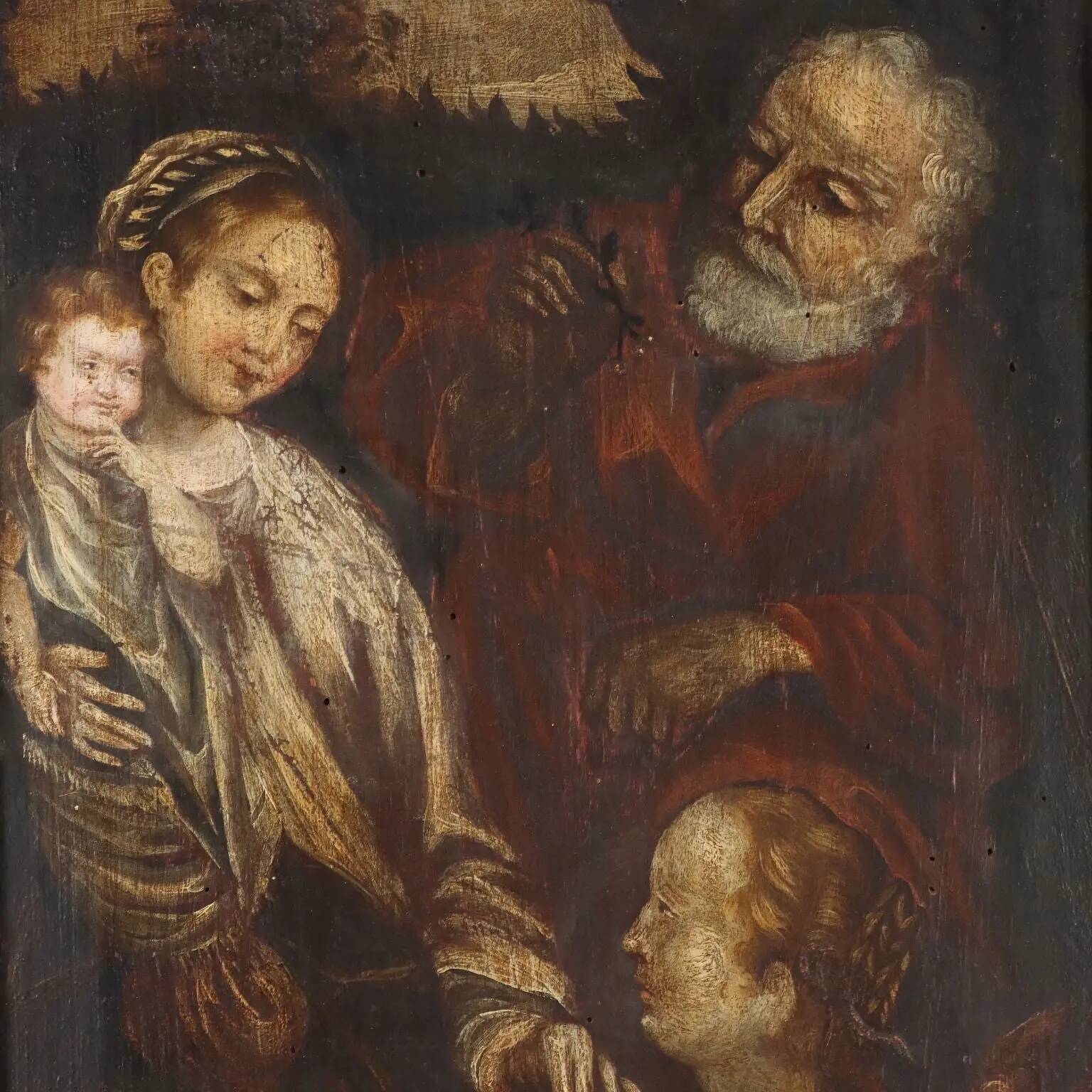 La Sainte Famille, peinture ancienne à l'huile sur panneau, XVI-XVII siècle