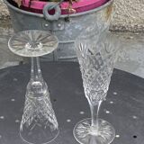 6 champagne flutes in glass and transparent crystal, antique chiseled
