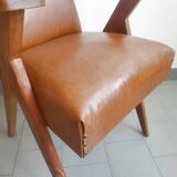 PAIR OF VINTAGE 1950 BRIDGE ARMCHAIRS WITH COMPASS LEGS IN OAK & SIMILAR LEATHER HAV