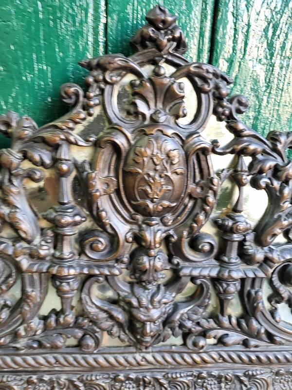 Louis xvi style repousse brass mirror with glass beads