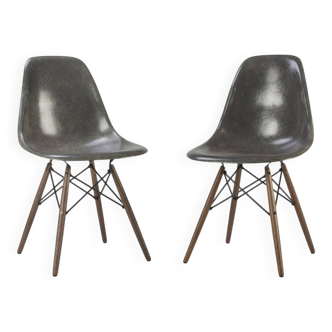 Paire (2) de chaises de salle à manger Herman Miller Original Eames DSW à coque, couleur gris éléphant