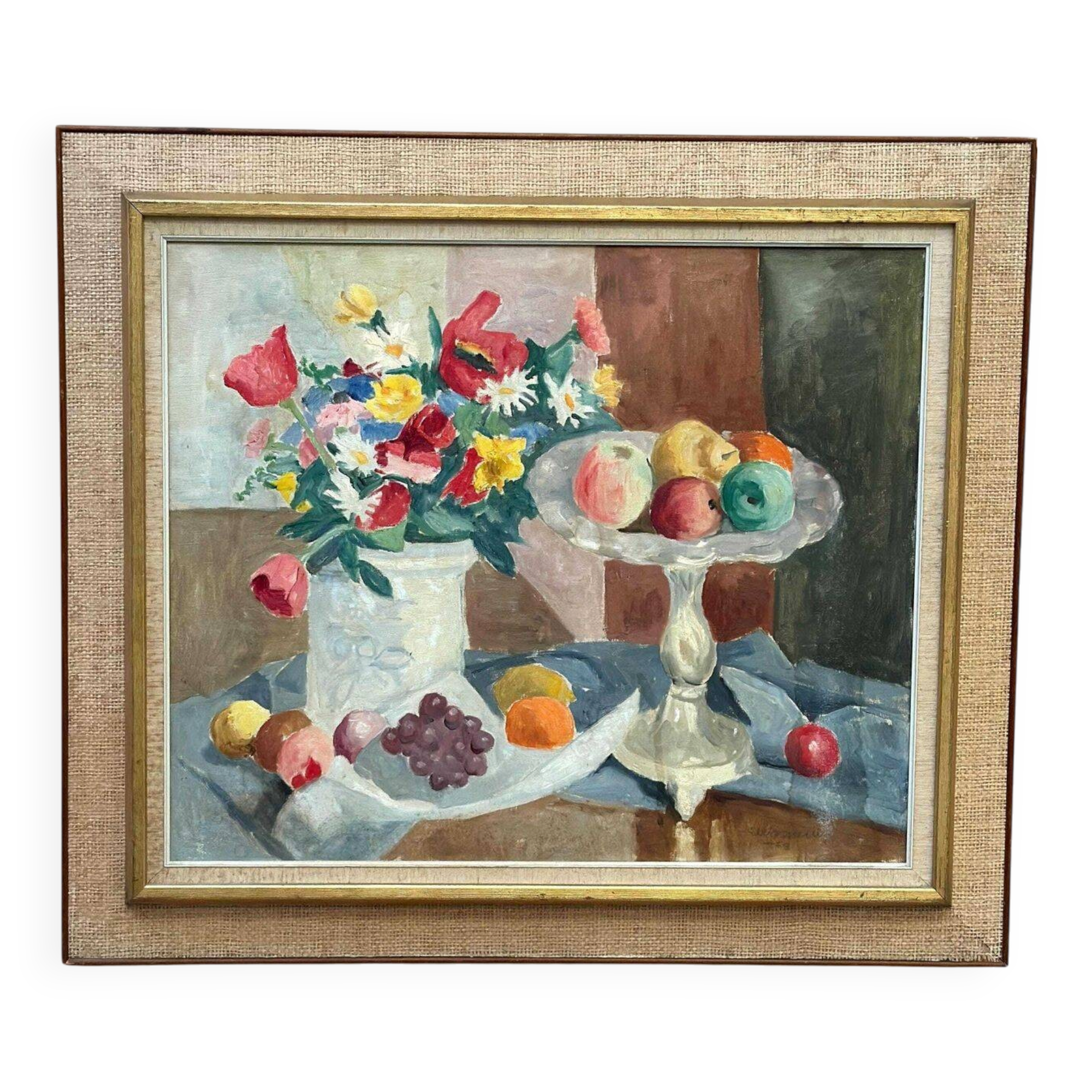 Original Swedish Oil on Canvas – "Flowers and Fruit by Ellis Wallin"
