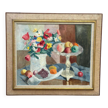 Huile sur toile originale suédoise – "Fleurs et fruits par Ellis Wallin"