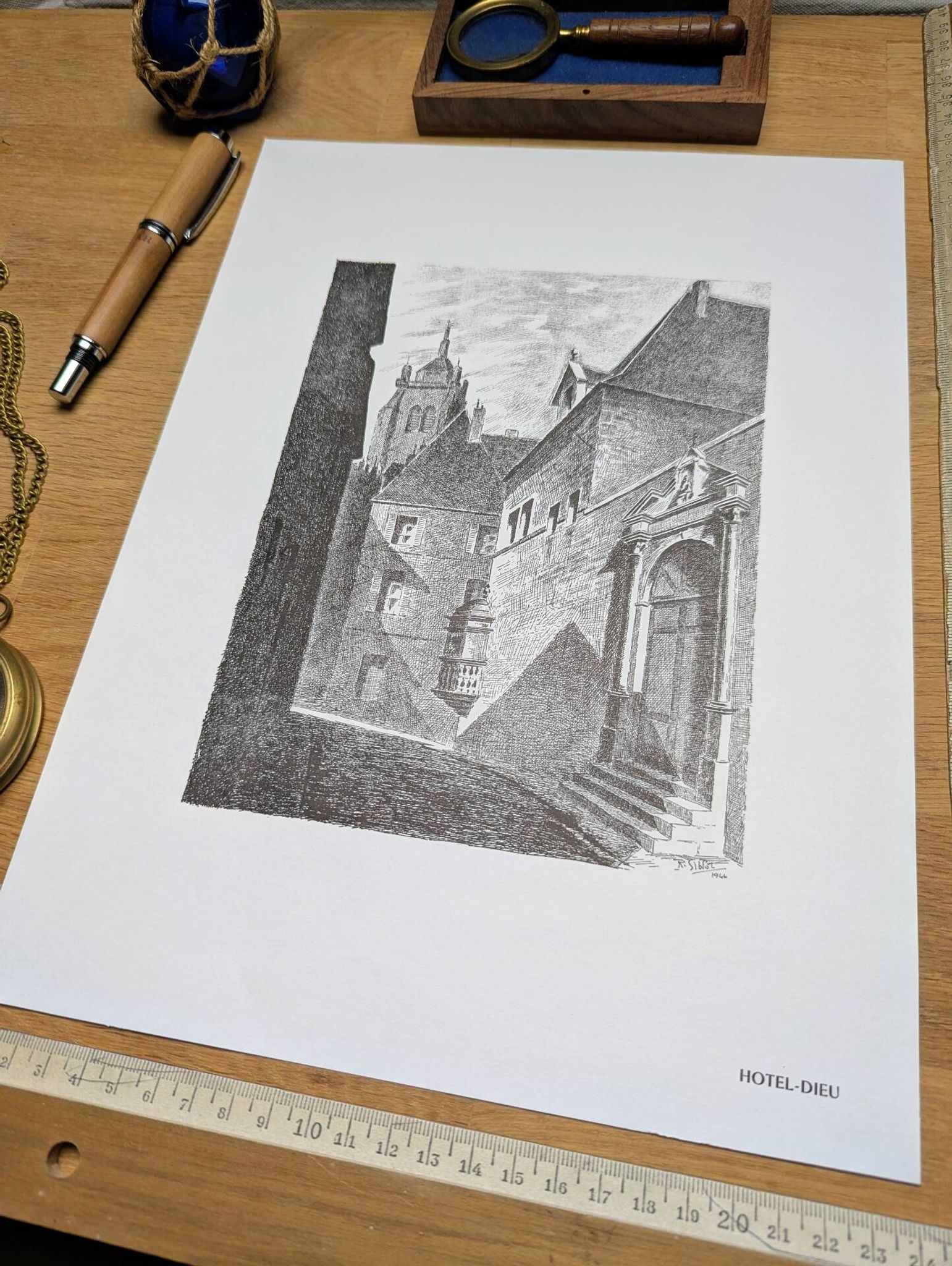 Hôtel-Dieu, Dole, Jura, vintage engraving, printed in 1950.